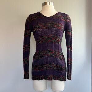 Purple and green orange pink striped knit sweater with v-neck and front pockets